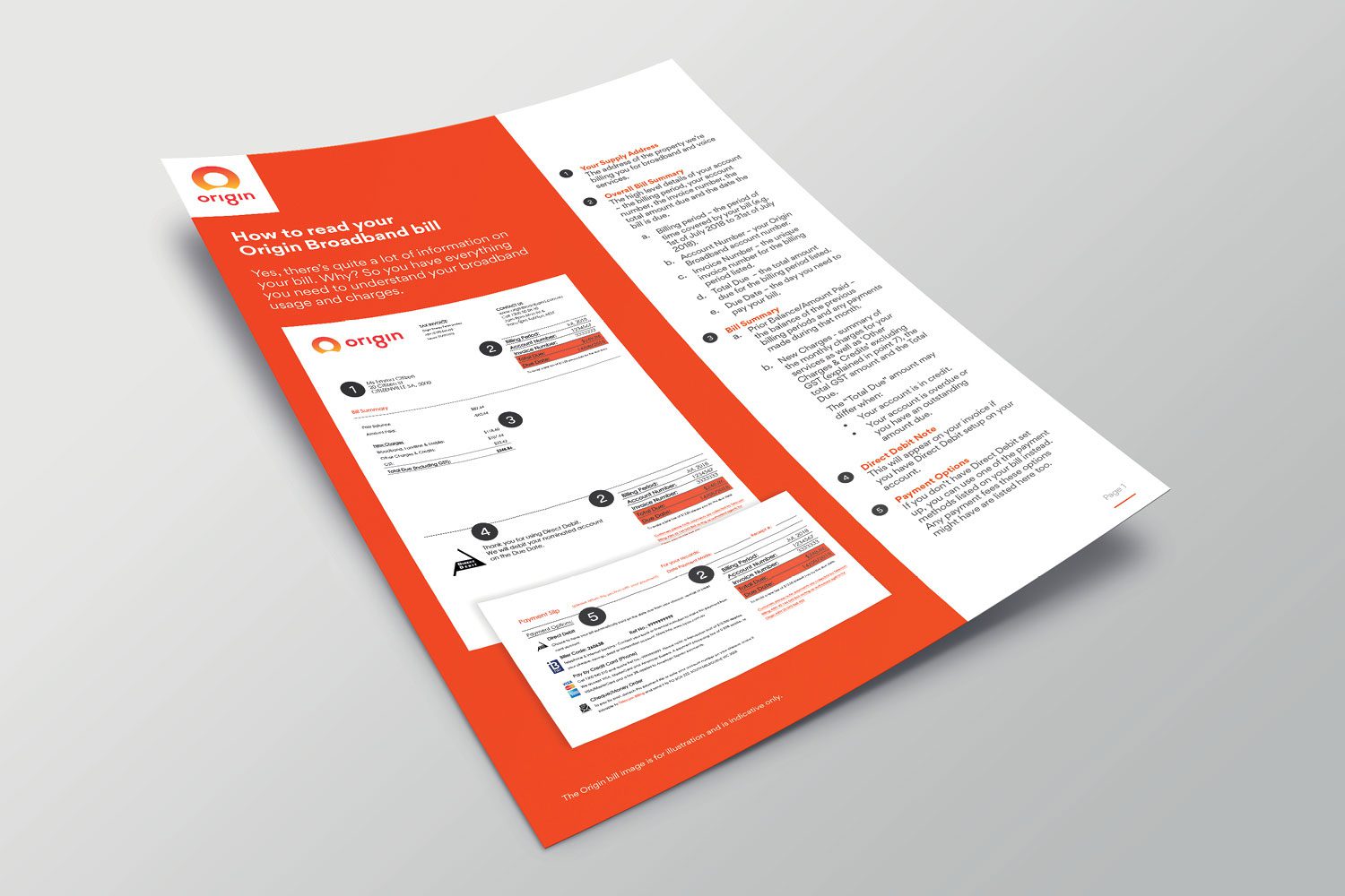Photograph of an Origin Energy broadband bill design on an A4 document, featuring a guide on how to read the bill. The design is predominantly orange with a white text column, placed on a neutral background.