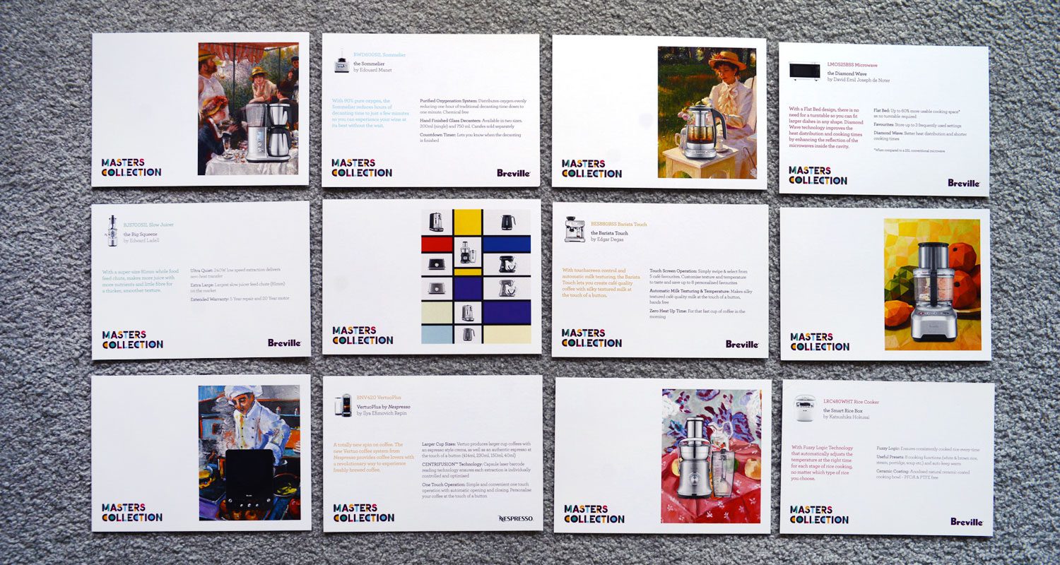 Photograph of 12 promotional product description cards from the Breville MasterClass campaign, each featuring a Breville kitchen appliance stylised as a piece of art. Every card includes a written description of the product, with all cards presented isolated on a neutral background.