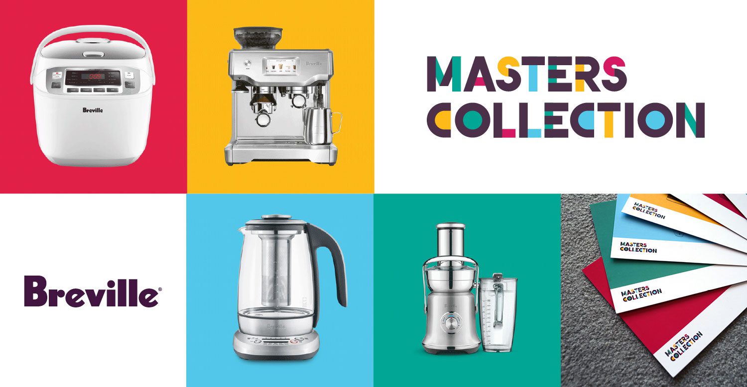 Image of a boxed design layout featuring various Breville products: a Breville Masters Collection logo on a white background, a coffee machine in a yellow box, a kettle in a blue box, a juicer in a green box, a rice maker in a pink box, and two additional boxes showcasing the campaign products in their final printed state. All elements are collaged together.