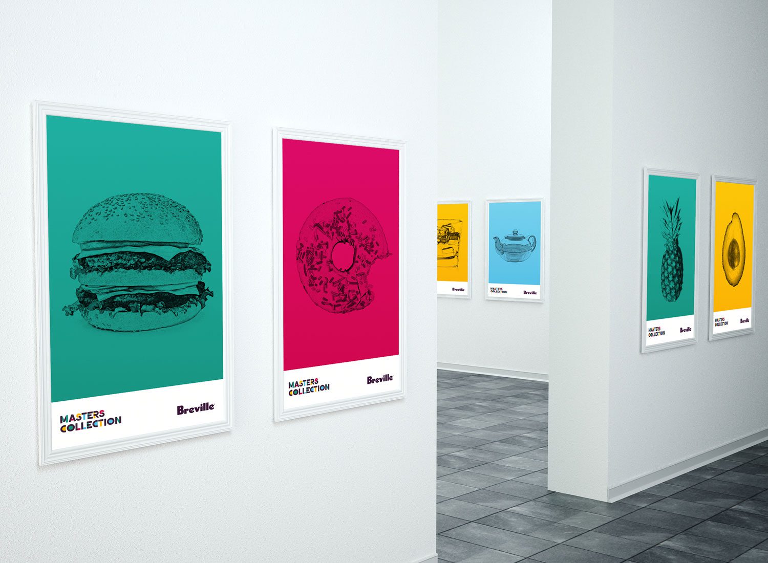 Photograph of a series of colorful posters displayed in a gallery-style setting, featuring vibrant slogans, bright colors, and monochrome photography.