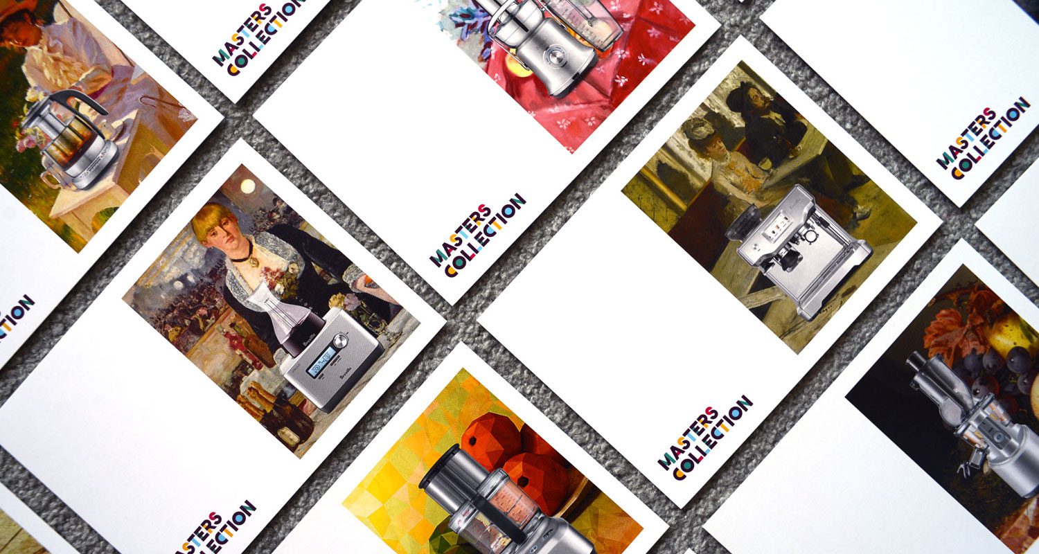 Photograph of promotional product description cards from the Breville MasterClass campaign, each featuring a Breville kitchen appliance stylised as a piece of art. Every card includes a written description of the product, with all cards presented isolated on a neutral background.