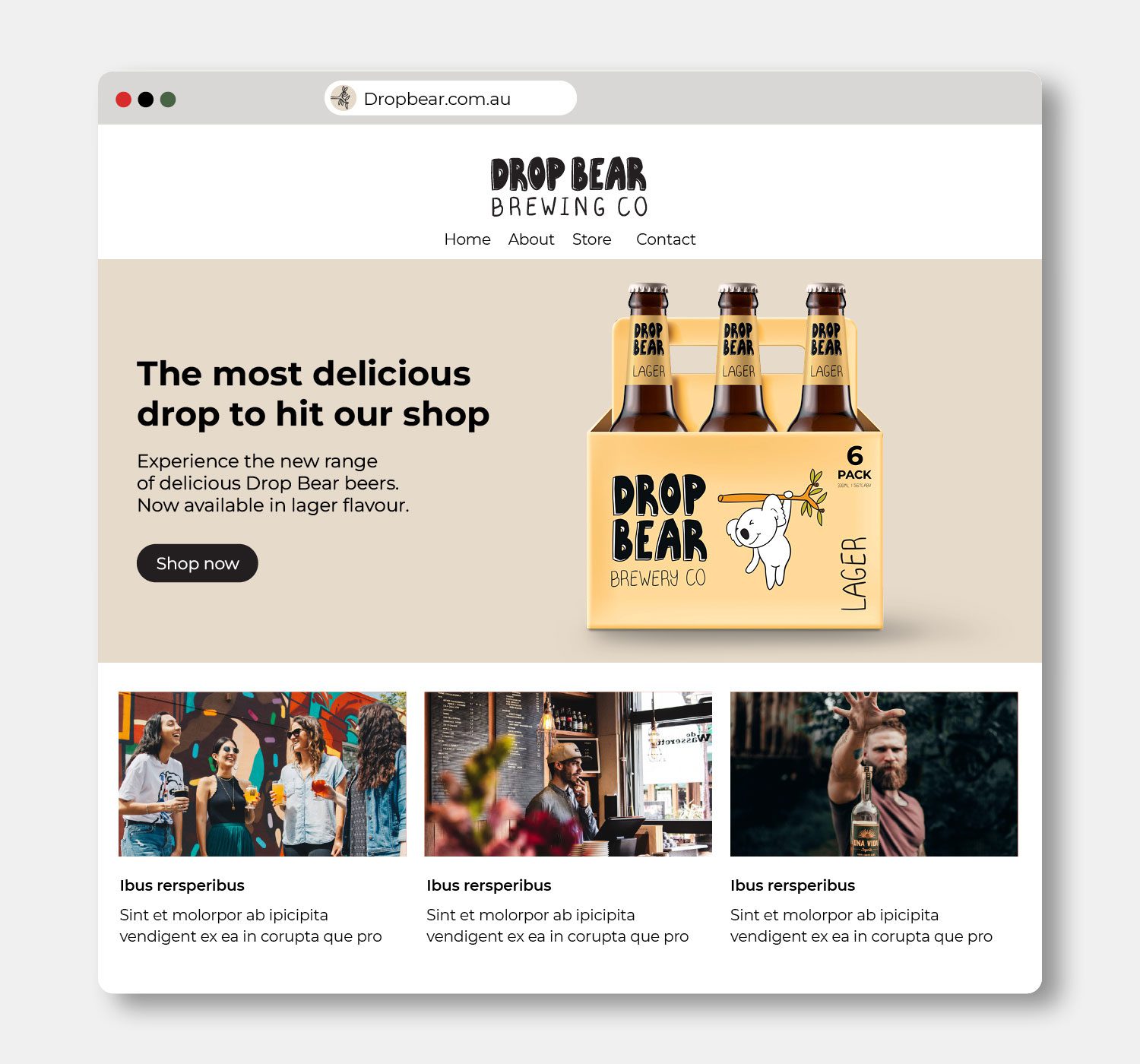 Photograph of an isolated web browser displaying the Drop Bear brand identity design. The homepage features a large banner showcasing a 6-pack of beer, along with three image sections.