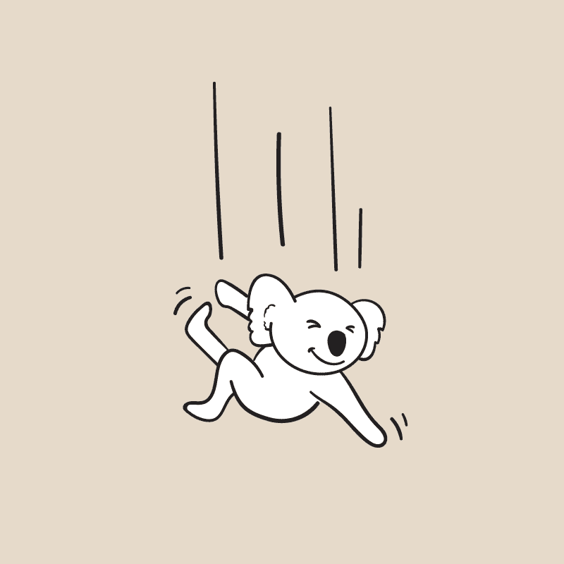 Illustration of a falling cute and cheeky looking koala in an outlined style, part of the Drop Bear brand identity design, using a simple color palette."