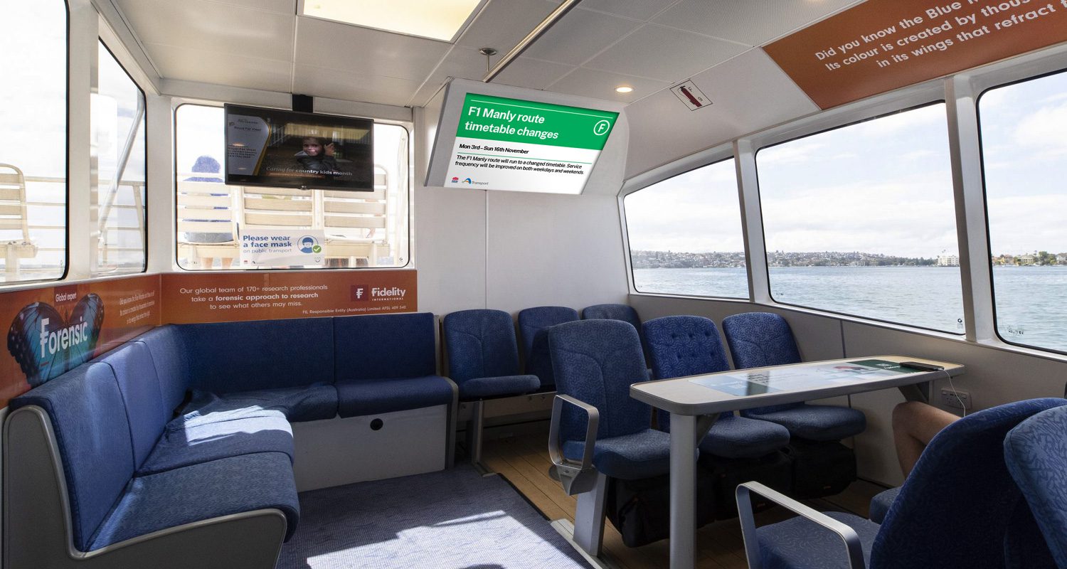 Photograph of a Transport for NSW operational template displayed on a digital TV banner inside a Sydney Ferry.