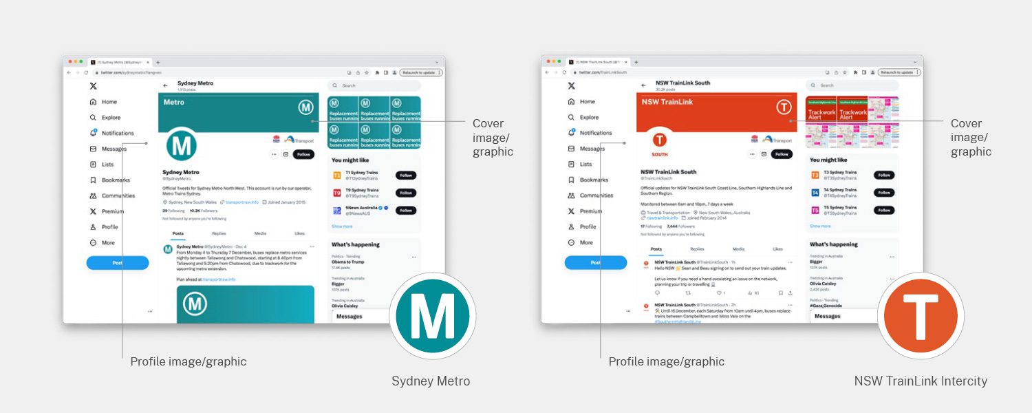 Two mockups of Transport for NSW operational template designs displayed in Twitter/X browser windows, isolated on a neutral background.