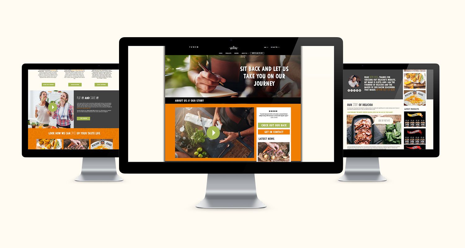Photograph of the Deliciou Seasonings website design on 3 computer monitors, isolated against a neutral background, highlighting the layout and branding.