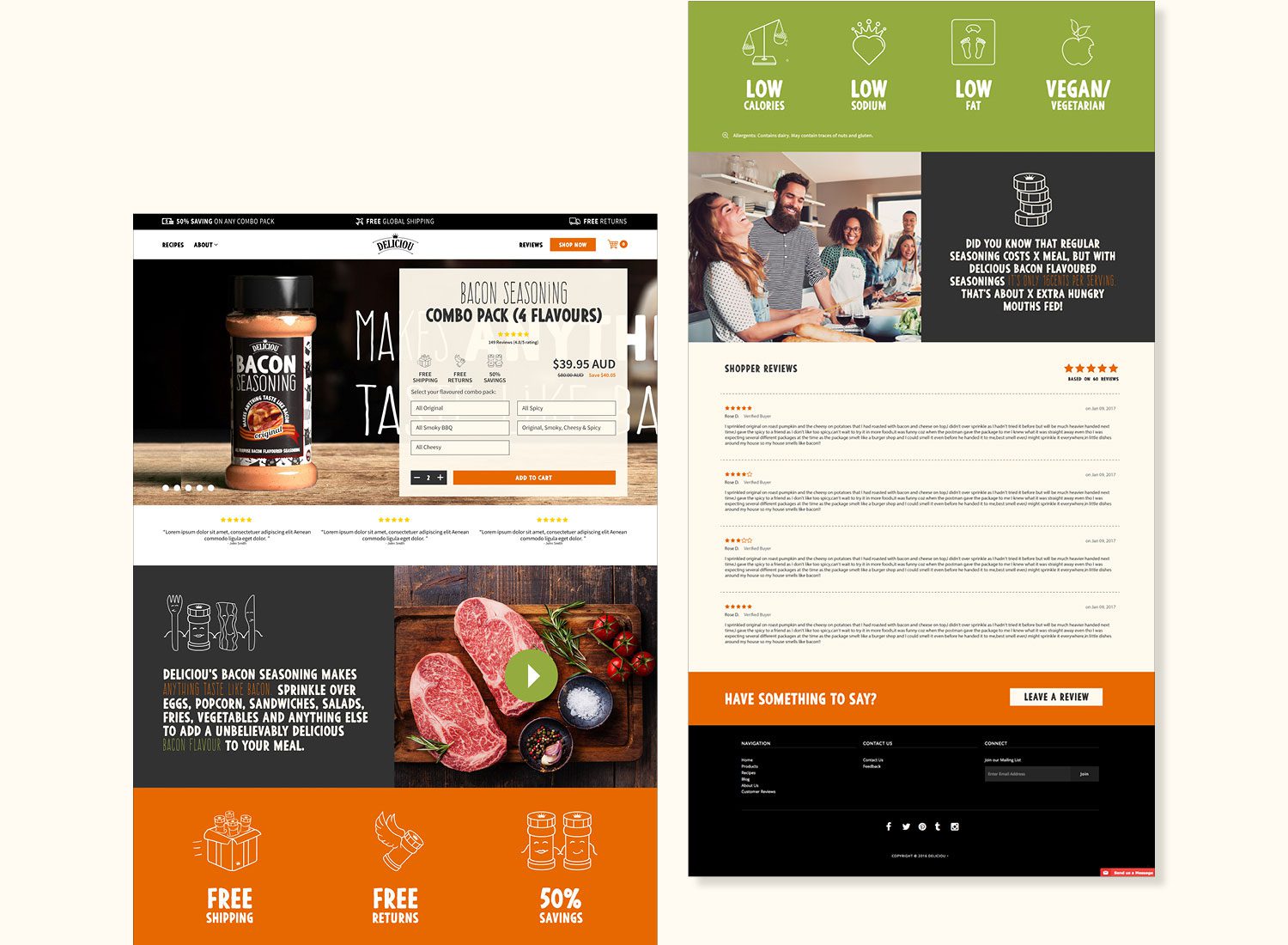 Photograph of the Deliciou Seasonings website design, isolated against a neutral background, highlighting the layout and branding.