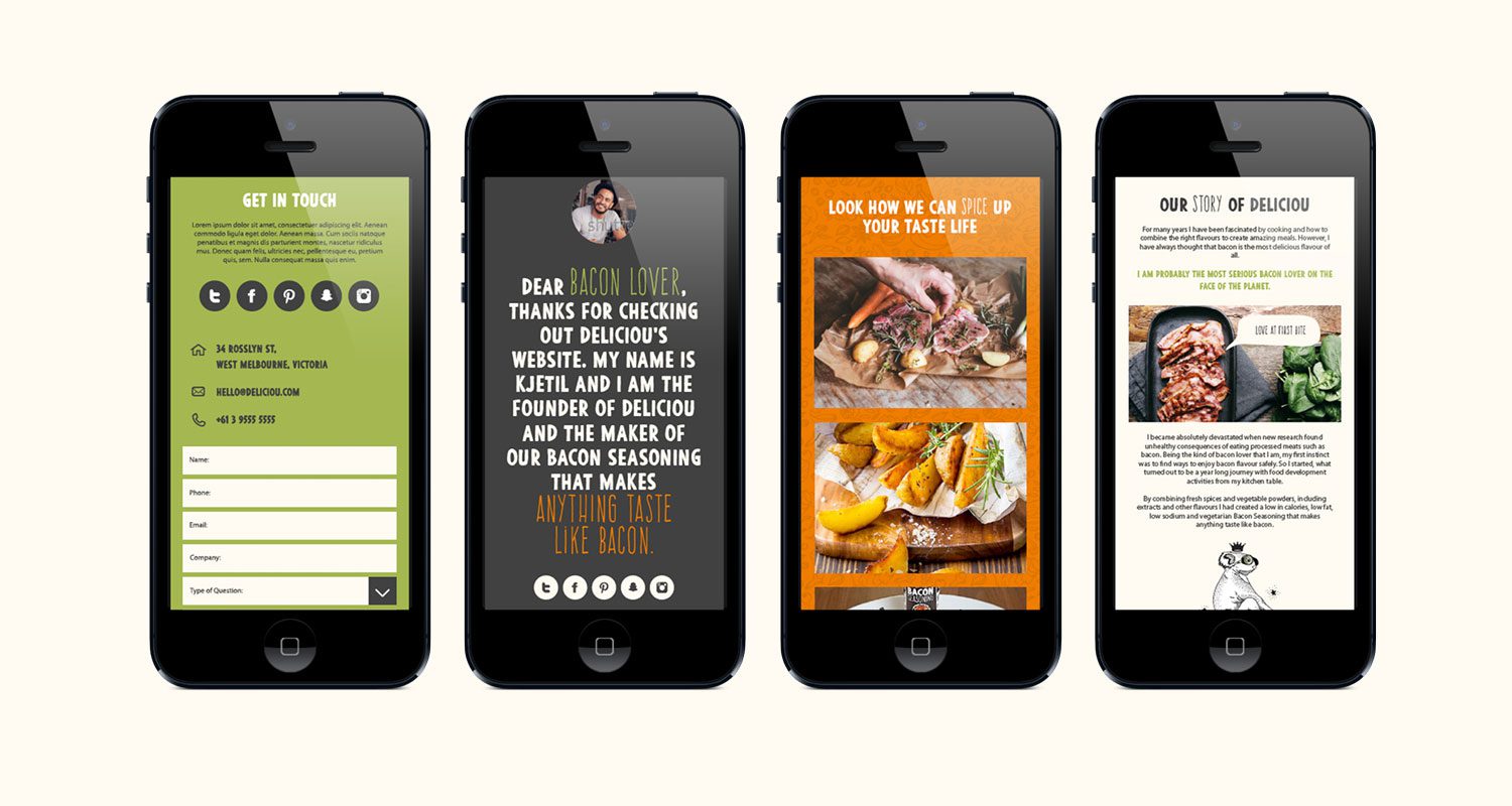 Photograph of four mobile phones displaying the Deliciou Seasonings website design on their screens, isolated against a neutral background.