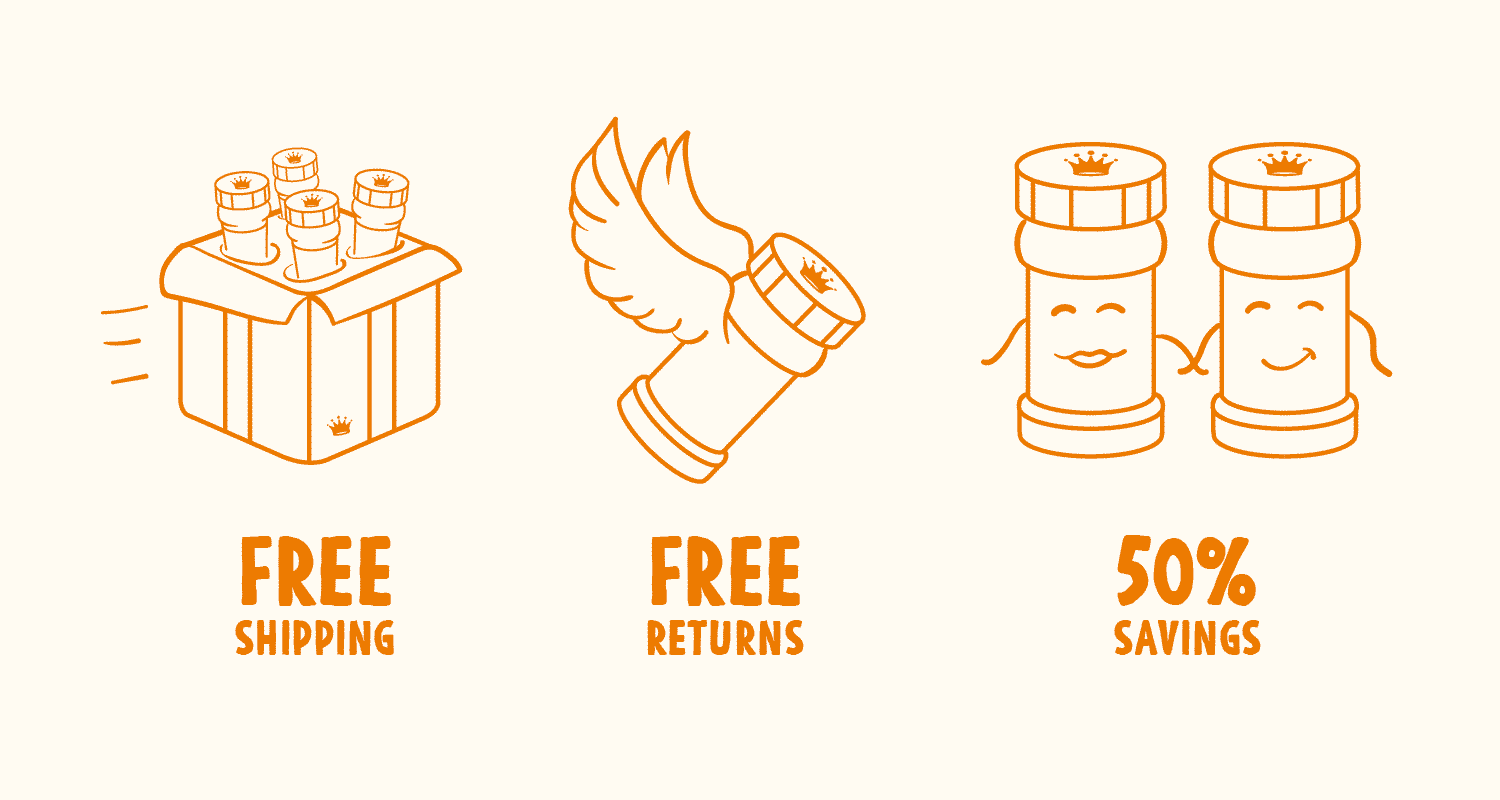 Three orange-outlined illustrations: 1) A box with 4 Deliciou Seasoning salt shakers labeled "Free Shipping," 2) A flying Deliciou Seasoning salt shakers labeled "Free Returns," 3) two Deliciou Seasoning salt shakers holding hands with smiles labeled "50% savings"