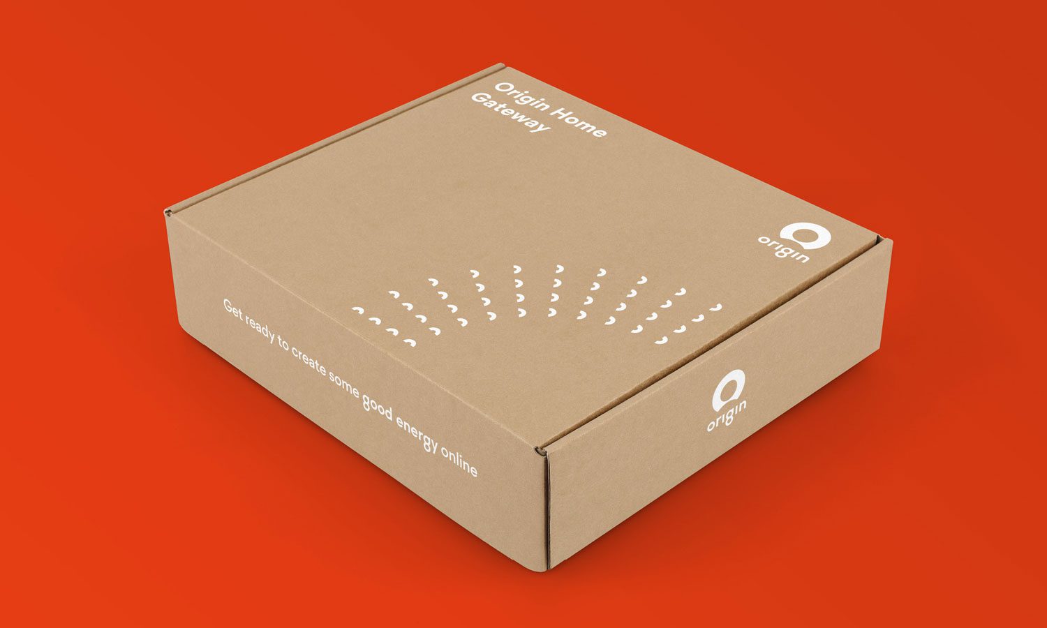 Photograph of Origin Energy packaging design featuring a modern, sleek box with bold typography and a clean, minimalist layout, displayed against a neutral background.