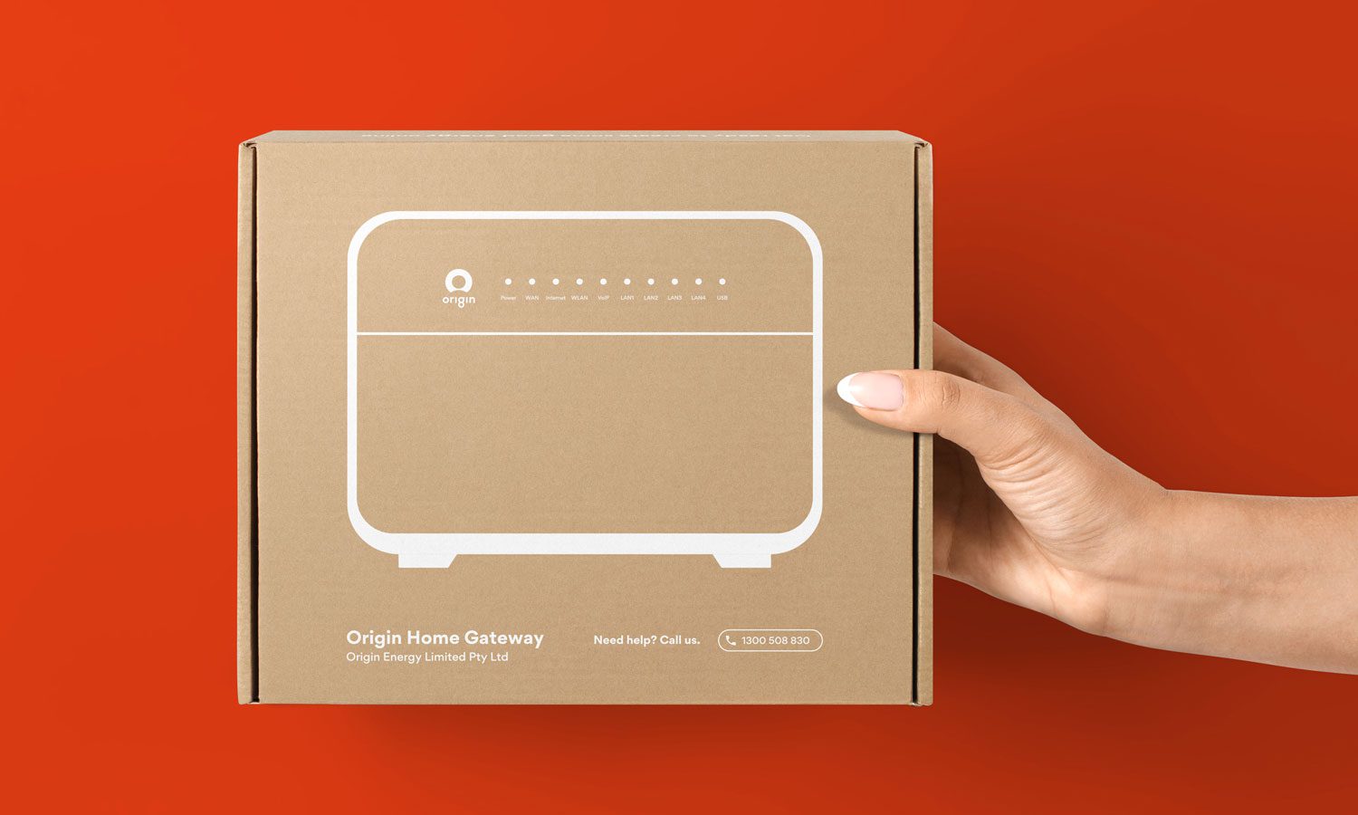 Photograph of Origin Energy packaging design featuring a modern, sleek box with bold typography and a clean, minimalist layout, displayed against a neutral background.